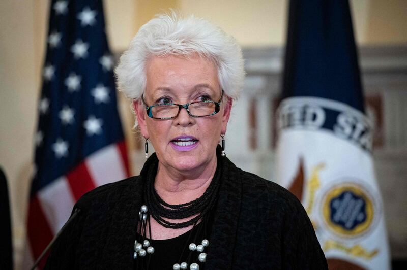 Gayle Smith speaks after US Secretary of State Antony Blinken announced her appointment as the new State Department Coordinator for Global COVID Response and Health Security during an event on US leadership in fighting the coronavirus disease (COVID-19) pandemic at the State Department in Washington, DC on April 5, 2021.  / AFP / POOL / ALEXANDER DRAGO
