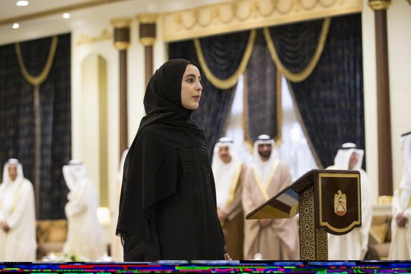 Shamma Al Mazroui, UAE Minister of State for Youth Affairs, gives an oath during a swearing-in ceremony for ministers of the UAE. Ryan Carter / Crown Prince Court - Abu Dhabi