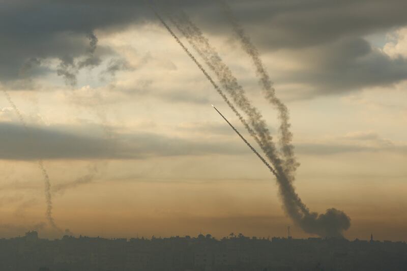 Rocket contrails in the air over Gaza as Palestinian missiles are sent into Israel. Reuters
