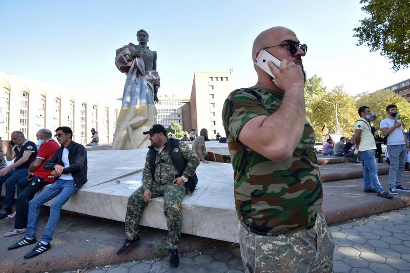 Volunteers and veterans, who are ready to go to the frontline in Nagorny Karabakh, gather in Yerevan.  AFP