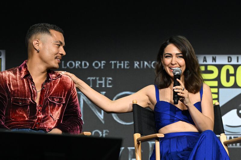 Ismael Cruz Cordova and Nazanin Boniadi on stage during the panel.