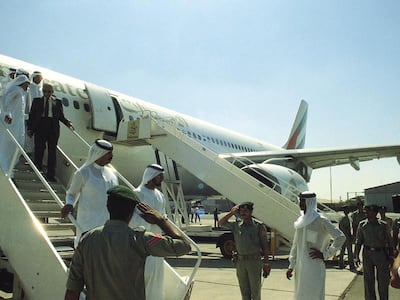 The first Emirates flight arrives in Karachi in 1985. Courtesy Emirates