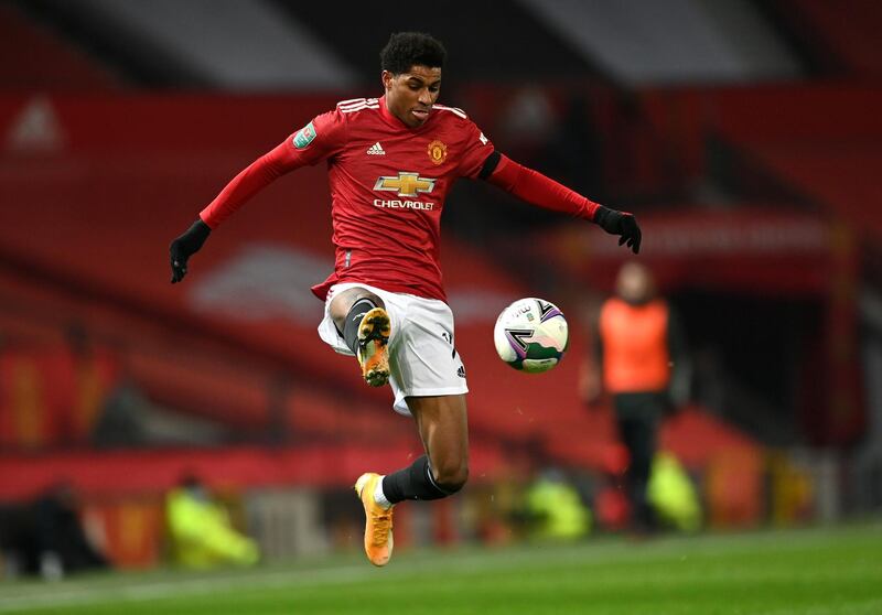 MANCHESTER, ENGLAND - JANUARY 06:  Marcus Rashford of Manchester United controls the ball during the Carabao Cup Semi Final match between Manchester United and Manchester City at Old Trafford on January 06, 2021 in Manchester, England. (Photo by Shaun Botterill/Getty Images)