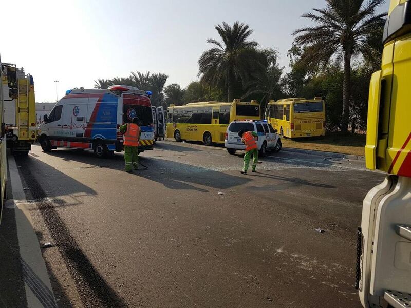 A school bus carrying children to class veered off the road and crashed into a palm tree lining a major road in the capital last week. Photo Courtesy Abu Dhabi Police