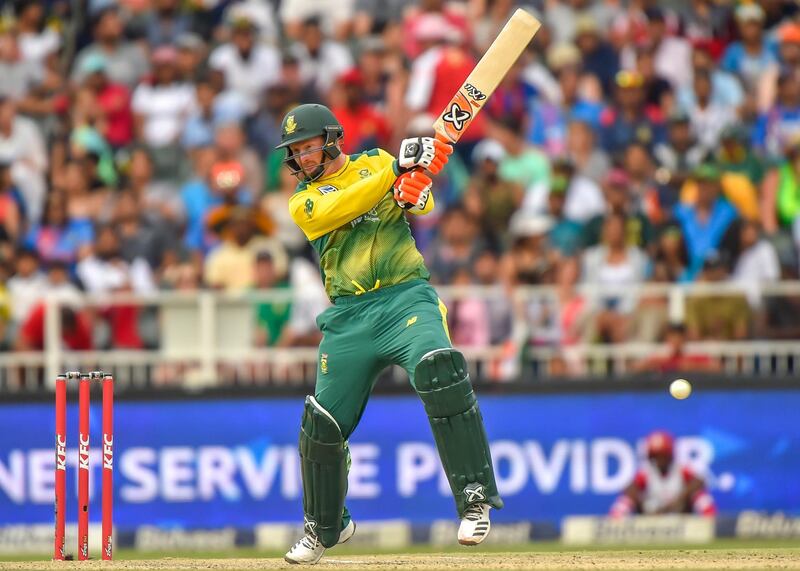 South African batsman Heinrich Klaasen plays a shot during the first T20I cricket match between South Africa and India at The Wanderers Cricket Stadium in Johannesburg on February 18, 2018.  / AFP PHOTO / Christiaan Kotze