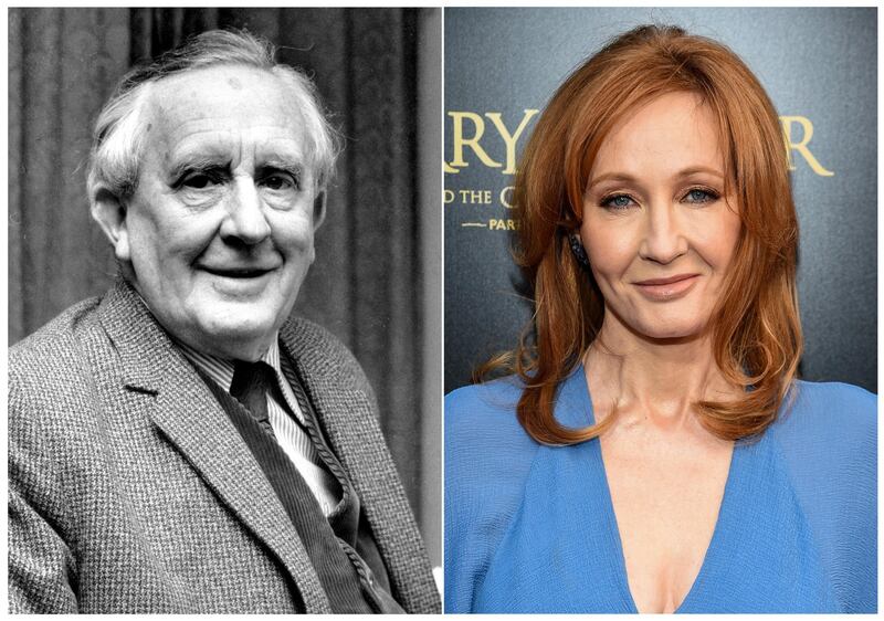 This combination photo shows J.R.R. Tolkien, author of "The Lord of the Rings," series in 1967, left, and J. K. Rowling, author of the "Harry Potter" series at  the "Harry Potter and the Cursed Child" Broadway opening in New York on April 22, 2018. The effort to discover America's best-loved novel - and promote reading - will end with the winner announced on Tuesday's finale of PBS' "The Great American Read." The series profiled the contenders and let bookworms, famous and not, advocate for their pick. (AP Photo)
