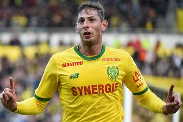 (FILES) In this file photo taken on November 04, 2018 Nantes' Argentinian forward Emiliano Sala celebrates after scoring a goal during the French L1 football match between Nantes (FC) and Guingamp (EAG), at the La Beaujoire stadium in Nantes, western France. Argentine footballer Emiliano Sala's body is to be returned to Argentina on Friday for his wake at the Club Atletico y Social San Martin in his hometown Progreso, Santa Fe province. Sala's body was recovered from plane wreckage in the English Channel last week. He was flying to his new team, English Premier League side Cardiff City, from his old French club Nantes when his plane went missing over the Channel on January 21. / AFP / JEAN-FRANCOIS MONIER