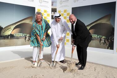 DUBAI , UNITED ARAB EMIRATES , APRIL 29 – 2018 :- Left to Right – Maggy Nagel , General Commissioner of the Luxembourg Pavilion and President of the Board of Management of Luxembourg at Expo 2020 Dubai , Najeed Mohammed Al Ali , Executive Director , Dubai Expo 2020 Bureau and Etienne Schneider , Deputy Prime Minister of Luxembourg during the ground breaking ceremony of the Luxembourg Pavilion at the Expo 2020 site in Dubai. ( Pawan Singh / The National ) For News. Story by Mustafa