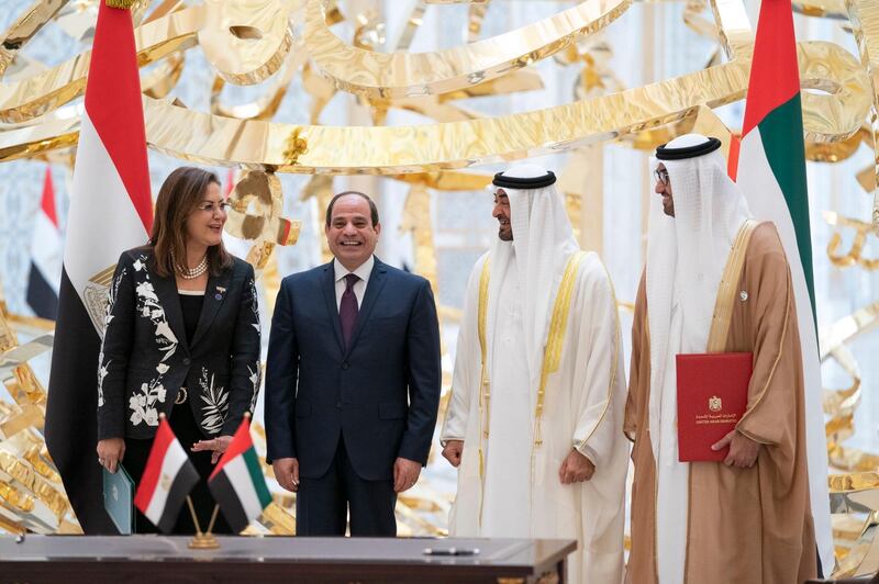Sheikh Mohamed bin Zayed, Crown Prince of Abu Dhabi and Deputy Supreme Commander of the UAE Armed Forces, and Egyptian President Abdel Fattah El Sisi, agree to establish a joint strategic investment platform between the UAE and Egypt. Seen with Dr Sultan Al Jaber, Minister of State and chief executive of Adnoc Group. Courtesy Sheikh Mohamed bin Zayed Twitter