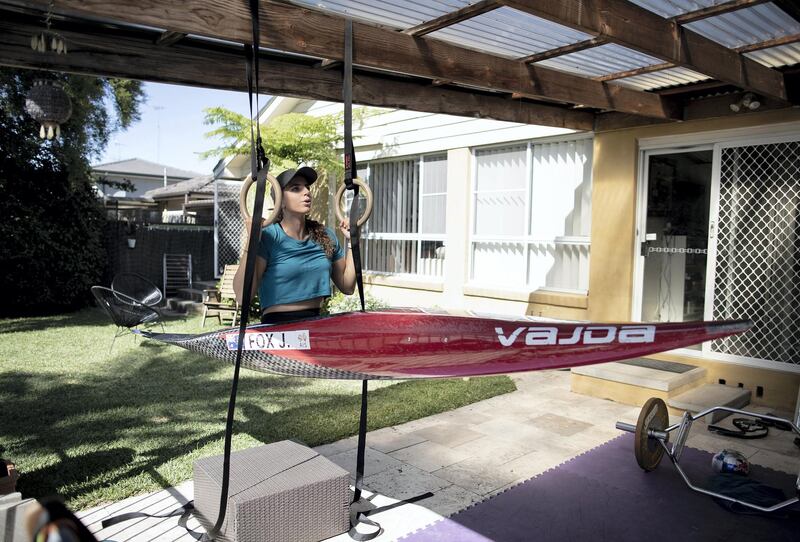 SYDNEY, AUSTRALIA - APRIL 18: Australian Olympic Canoeist Jess Fox trains at her home on April 18, 2020 in Sydney, Australia. Athletes across the globe are now training in isolation under strict policies in place due to the Covid-19 pandemic. Fox has won 26 World Cup Gold medals, 7 World Championship titles, and 2 Olympic medals. (Photo by Ryan Pierse/Getty Images)