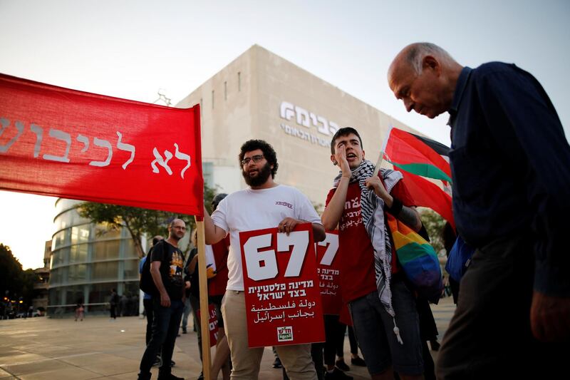 Protesters take part in a demonstration calling for an end to Israel's policy towards Gaza and a boycott of the 2019 Eurovision Song Contest as the first semi final of the contest begins in Tel Aviv, Israel. REUTERS