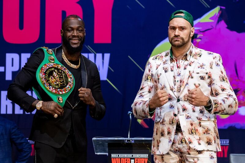 Deontay Wilder and Tyson Fury on stage as they face off one last time prior to their world heavyweight championship fight at the MGM Grand Garden Arena on February 22 in Las Vegas. EPA