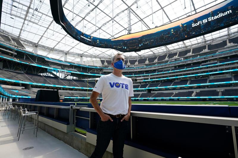 Kevin Demoff, chief operating officer for the Los Angeles Rams, looks around the new SoFi Stadium. AP