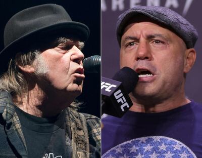 Singer Neil Young performing in 2018 on left; and Joe Rogan speaking in 2021 on right. AFP