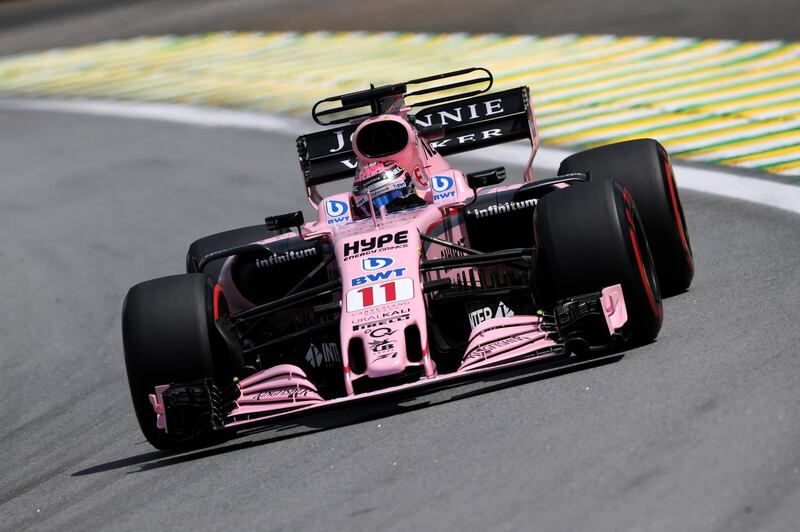 SAO PAULO, BRAZIL - NOVEMBER 10: Sergio Perez of Mexico driving the (11) Sahara Force India F1 Team VJM10 on track during practice for the Formula One Grand Prix of Brazil at Autodromo Jose Carlos Pace on November 10, 2017 in Sao Paulo, Brazil.  (Photo by Mark Thompson/Getty Images)