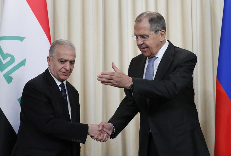 epa07331081 Russian Foreign Minister Sergey Lavrov (R) and Iraqi Foreign Minister Mohamed Ali Alhakim (L) hikes hands during a press conference after their meeting in Moscow, Russia, 30 January 2019. According to the spokesperson of Russian Foreign Ministry, Ali Alhakim is in Russia to discuss about critical issues on the global and regional agenda with a focus on the situation in Syria.  EPA/YURI KOCHETKOV
