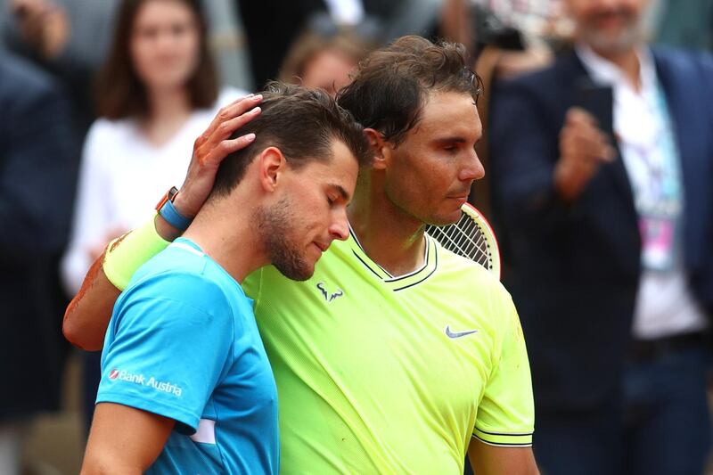 Nadal embraces Thiem of Austria following his victory in the men's singles final. Getty Images