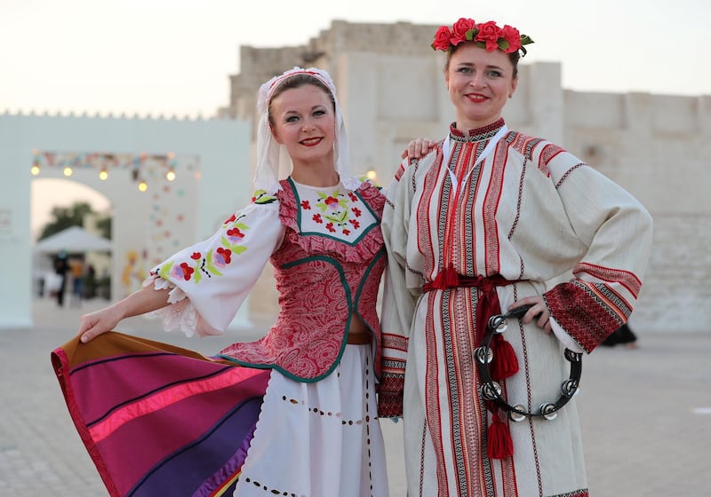 Sharjah, United Arab Emirates - Reporter: Razmig Bedirian. Arts. Bosnian dancers Anastasiya and Natallia at the Heart of Sharjah for Sharjah Heritage Days. Monday, March 22nd, 2021. Sharjah. Chris Whiteoak / The National