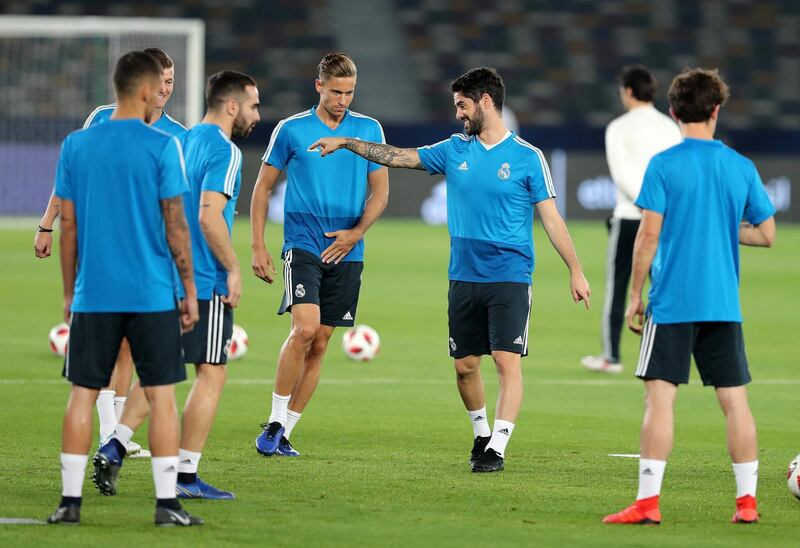 Abu Dhabi, United Arab Emirates - December 21, 2018: Isco of Real Madrid trains ahead of the Fifa Club World Cup final. Friday the 21st of December 2018 at the Zayed Sports City Stadium, Abu Dhabi. Chris Whiteoak / The National