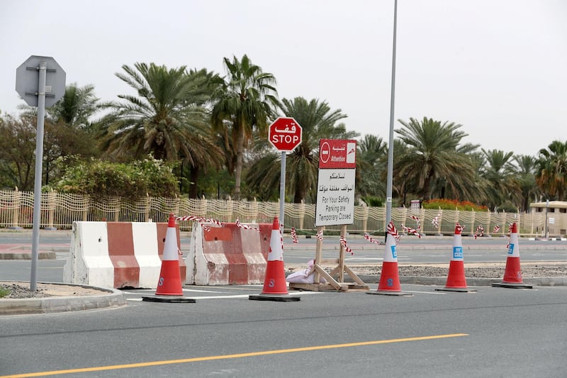 Dubai, United Arab Emirates - Reporter: N/A: A carpark is shut outside Al Barsha Park due to the corona virus. Sunday, April 5th, 2020. Dubai. Chris Whiteoak / The National