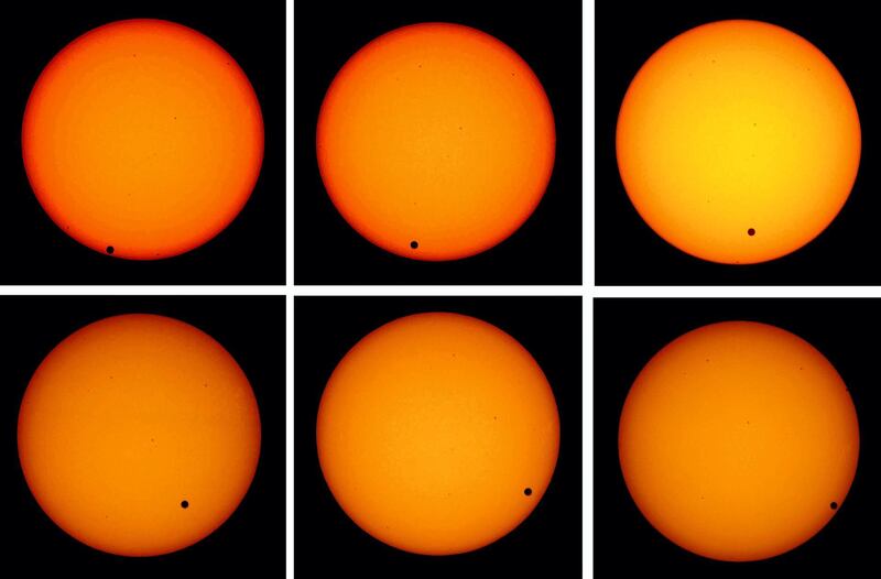 LONDON - JUNE 8: A combination picture shows the planet Venus as it transits across the face of the sun as seen from the Greenwich Observatory on June 8, 2004 in London. The rare astronomical event last occurred in 1882, while the next transit is due in 2012.  (Photo by Ian Waldie/Getty Images)  *** Local Caption ***