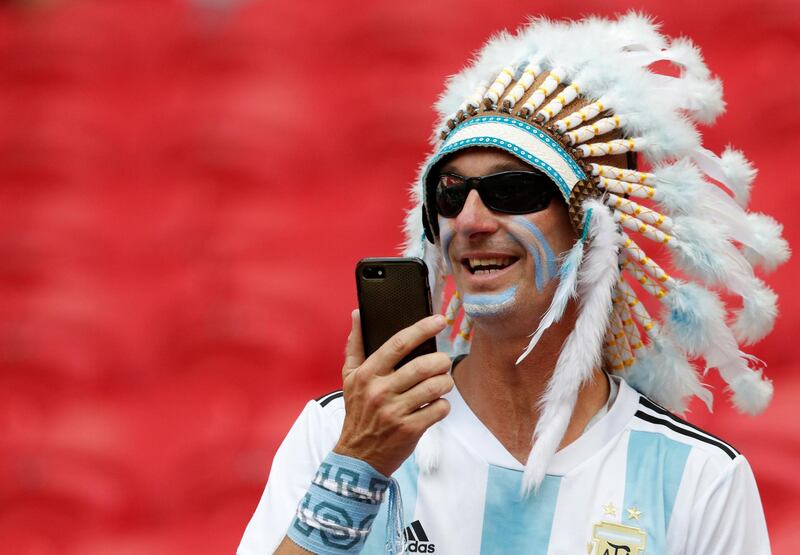 An  Argentina fan in the stadium before  the France vs Argentina match at Kazan Arena, in Kazan, Russia, on June 30, 2018. Carlos Garcia Rawlins / Reuters