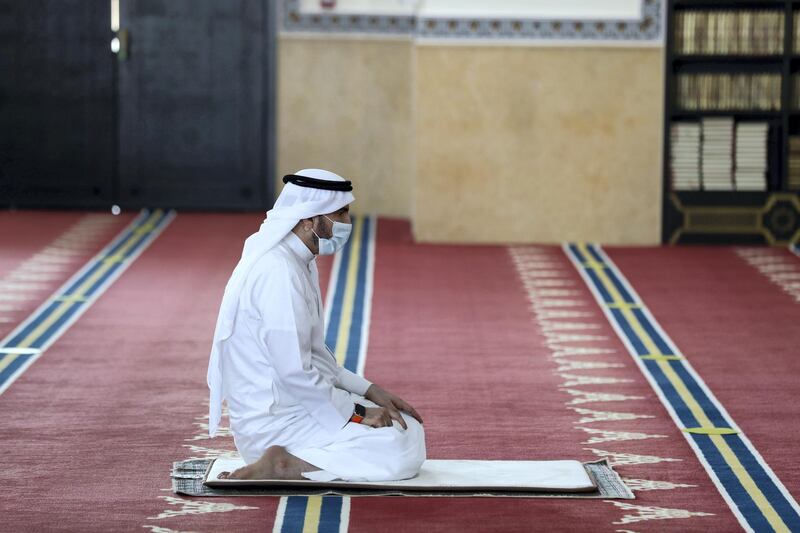 Dubai, United Arab Emirates - Reporter: N/A. News. Covid-19/Coronavirus. Midday prayers are performed at Al Farooq Omar Bin Al Khattab Mosque in Dubai. Wednesday, July 1st, 2020. Dubai. Chris Whiteoak / The National