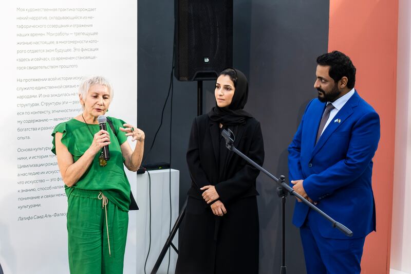 Latifa Saeed with Ammar Albreiki, head of finance administration, consular and nationals services at the UAE embassy to Kazakhstan, and curator Valeria Ibraeva during the opening of Black Silhouette at Almaty Gallery. All Photos: Theodore Frost