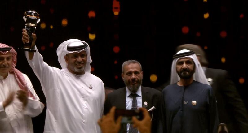 Emirati Ahmed Al Falasi is announced the winner of the Arab Hope makers Award by Sheikh Mohammed bin Rashid, Vice President and Ruler of Dubai, on Thursday. Courtesy Arab Hope Makers