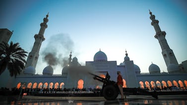 A cannon at Sheikh Zayed Grand Mosque in Abu Dhabi is fired to mark the end of the day's fasting. Victor Besa / The National