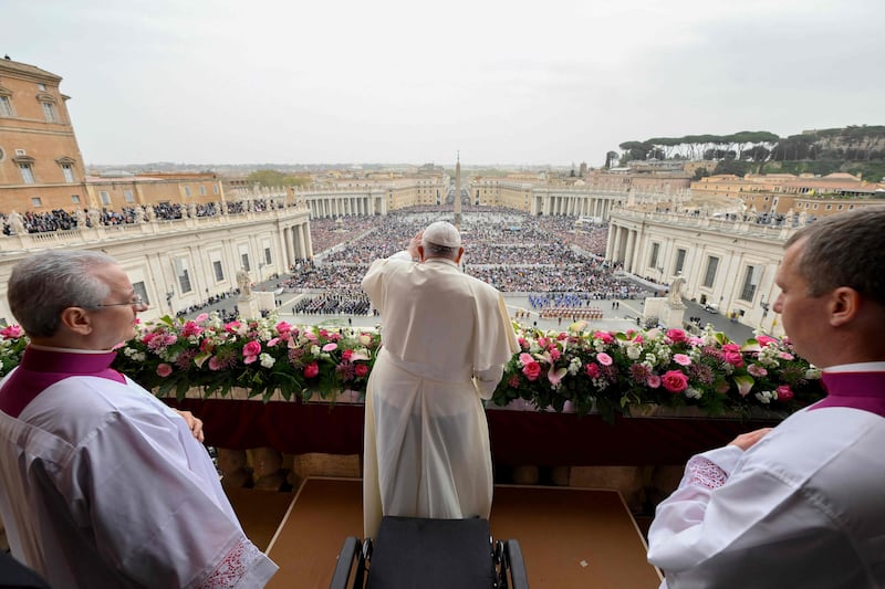 Pope Francis during the Easter 'Urbi et Orbi' message and blessing to the city and the world from the central loggia of St Peter's basilica in The Vatican. AFP