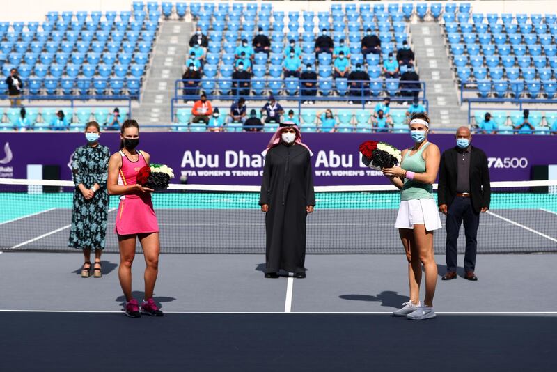 Runner-up Veronika Kudermetova and Aryna Sabalenka during the presentation after the final. Getty