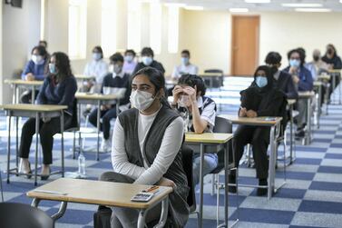 Abu Dhabi, United Arab Emirates - Pupils seated for the Biology, grade 12 exam following social distancing guidelines at Gems Cambridge International School in Baniyas. Khushnum Bhandari for The National