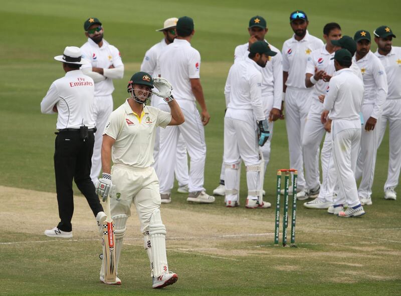 Mitch Marsh leaves the field after being dismissed by Abbas. Getty Images