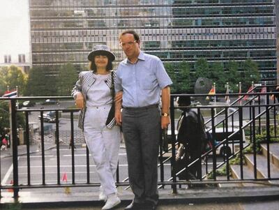 Hafida Latta and her husband David in front of the UN building, New York, in 1992. Photo: Hafida Latta