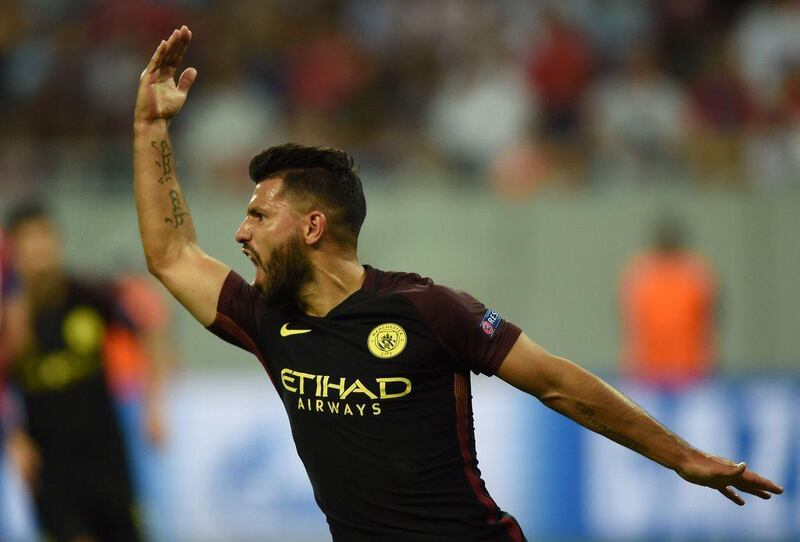 Manchester City's Argentinian striker Sergio Aguero celebrates scoring a goal during the UEFA Champions league first leg play-off football match between Steaua Bucharest and Manchester City at the National Arena stadium in Bucharest on August 16, 2016. (AFP)
