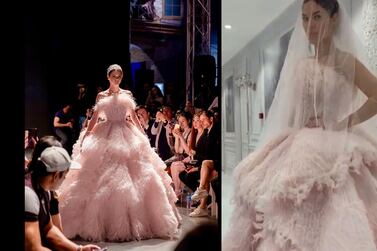 The bride travelled to Dubai from Kiev for a fitting after seeing the gown, which is pictured on the runway, left. Courtesy Michael Cinco