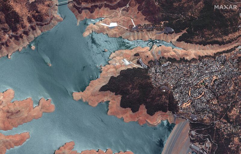 Satellite image shows water levels at Lake Oroville in California. Large hydropower projects generated nearly 14 per cent of the state's electricity in 2020, according to the independent system operator. Reuters