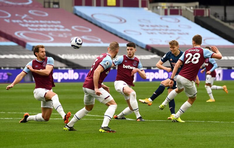 Martin Odegaard – 8: Had Arsenal’s first shot on goal after 23 minutes but watched his shot loop in the air off a West Ham player and drop gently in Fabianksi’s hands. Quiet for rest of half but came alive after break and one beautiful reverse pass helped set-up second goal. Best player on pitch in second 45 minutes. Getty