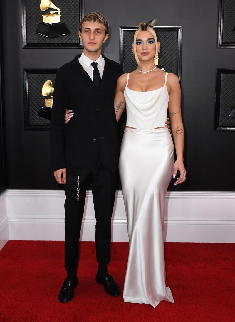 Dua Lipa wears Alexander Wang as he and boyfriend US-Palestinian model Anwar Hadid arrive for the 62nd Annual Grammy Awards on January 26, 2020, in Los Angeles. AFP