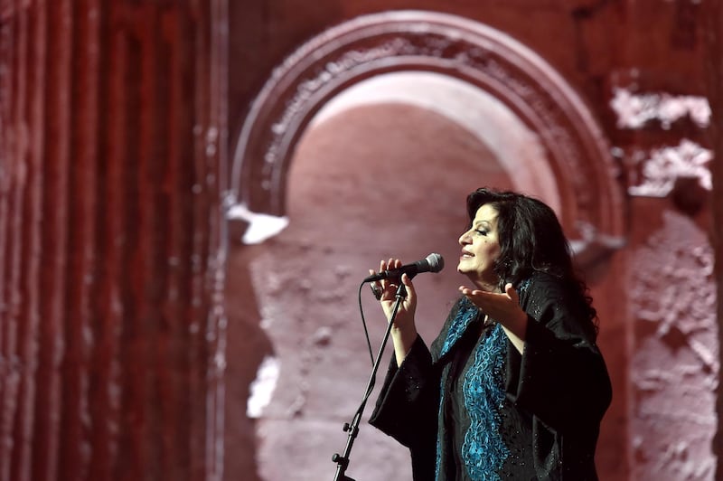 epa07754297 Lebanese diva Jahida Wehbe performs on stage during the annual Baalbeck International Festival in Baalbeck, Beqaa Valley, Lebanon, 02 August 2019. The festival runs from 05 July to 03 August 2019.  EPA/WAEL HAMZEH