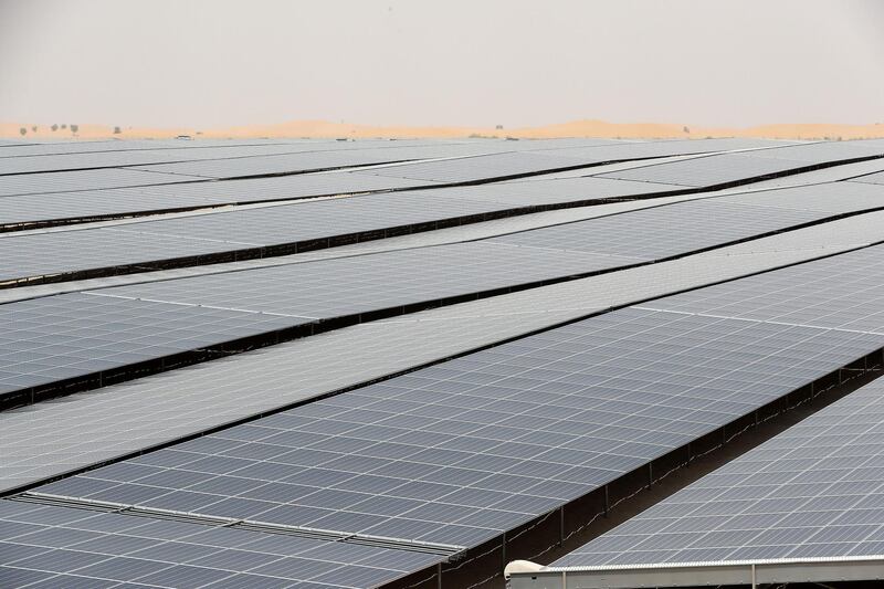 ABU DHABI,  UNITED ARAB EMIRATES , OCTOBER 1 – 2019 :- View of the Noor Solar Power Plant in Sweihan in Abu Dhabi. ( Pawan Singh / The National ) For News. Story by Daniel
