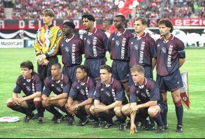 24 May 1995:  The Ajax team pose for a photograph before the European Cup Final against Milan in Vienna, Austria. Ajax won the match 1-0. \ Mandatory Credit: Clive  Brunskill/Allsport