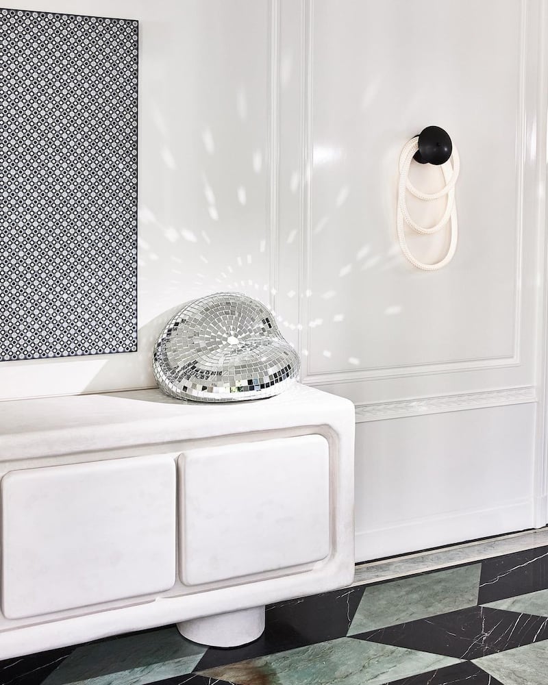 American interior designer Kelly Wearstler has created a disco ball that looks like it's melting off a countertop. Photo: Kelly Wearstler