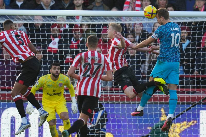 Harry Kane scores Tottenham's first goal against Brentford. AP