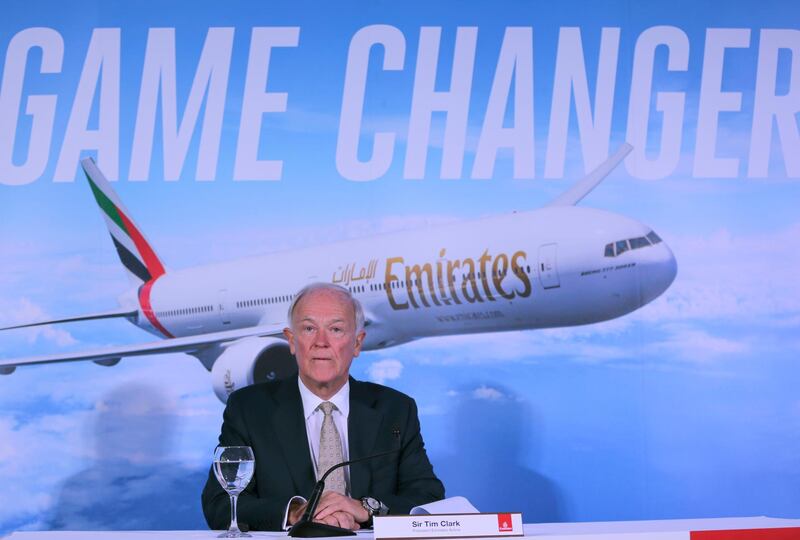 Emirates President Tim Clark speaks to the journalists during a press conference at the opening day of the Dubai Air Show, United Arab Emirates, Sunday, Nov. 12, 2017. Emirates, the Middle East's largest air carrier, has unveiled new, state-of-the-art, first class private suites.(AP Photo/Kamran Jebreili)