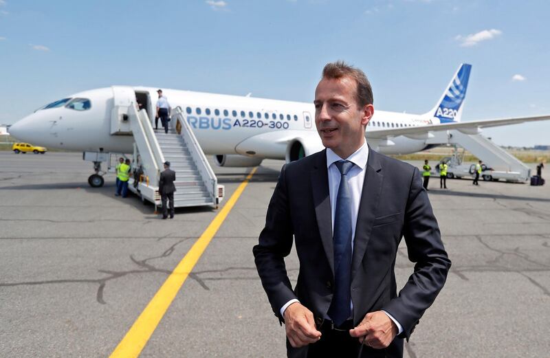 epa07078722 (FILE) - Guillaume Faury, President of Airbus' Commercial Aircraft branch, poses in front of a new Airbus A220-300 Single-Aisle aircraft during its presentation at the Airbus delivery center in Colomiers, near Toulouse, France, 10 July 2018 (re-issued 08 October 2018). Media reports on 08 October state that the run for the CEO post at Airbus might already be decided - Guillaume Faury is expected to succeed German CEO Tom Enders and could be already named later the same day, sources from the company were quoted as saying.  EPA/GUILLAUME HORCAJUELO *** Local Caption *** 54479538