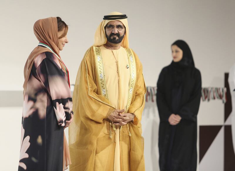 Sheikh Mohammed bin Rashid presents medals during the UAE Pioneers Awards Ceremony in Dubai. Sarah Dea / The National