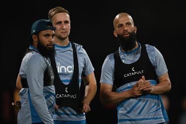 BANGALORE, INDIA - OCTOBER 24: England spin bowlers Adil Rashid, Liam Livingstone and Moeen Ali during nets session at Karnataka State Cricket Association Stadium on October 24, 2023 in Bangalore, India. (Photo by Gareth Copley / Getty Images)