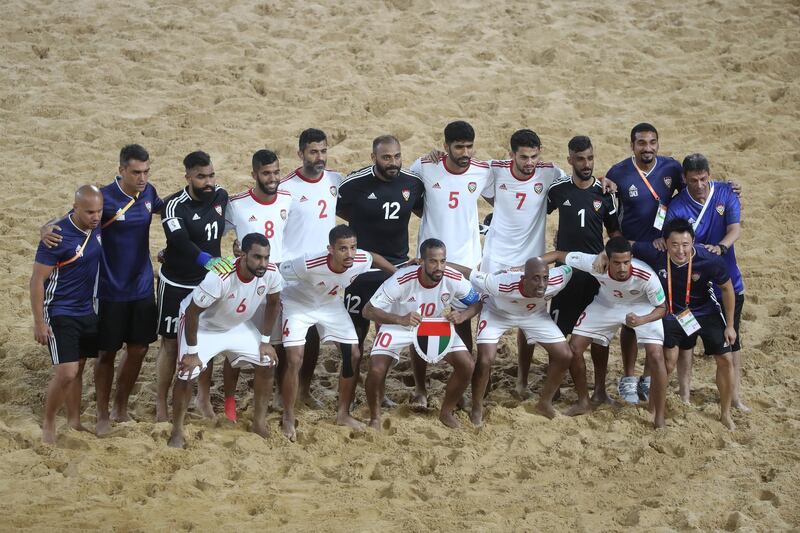 ASUNCION, PARAGUAY - NOVEMBER 22: Players of United Arab Emirates UAE pose for a team photo prior to the FIFA Beach Soccer World Cup Paraguay 2019 group C match between Belarus and United Arab Emirates at Estadio Mundialista "Los Pynandi" on November 22, 2019 in Asuncion, Paraguay. (Photo by Alex Grimm - FIFA/FIFA via Getty Images) (Photo by Alex Grimm - FIFA/FIFA via Getty Images)